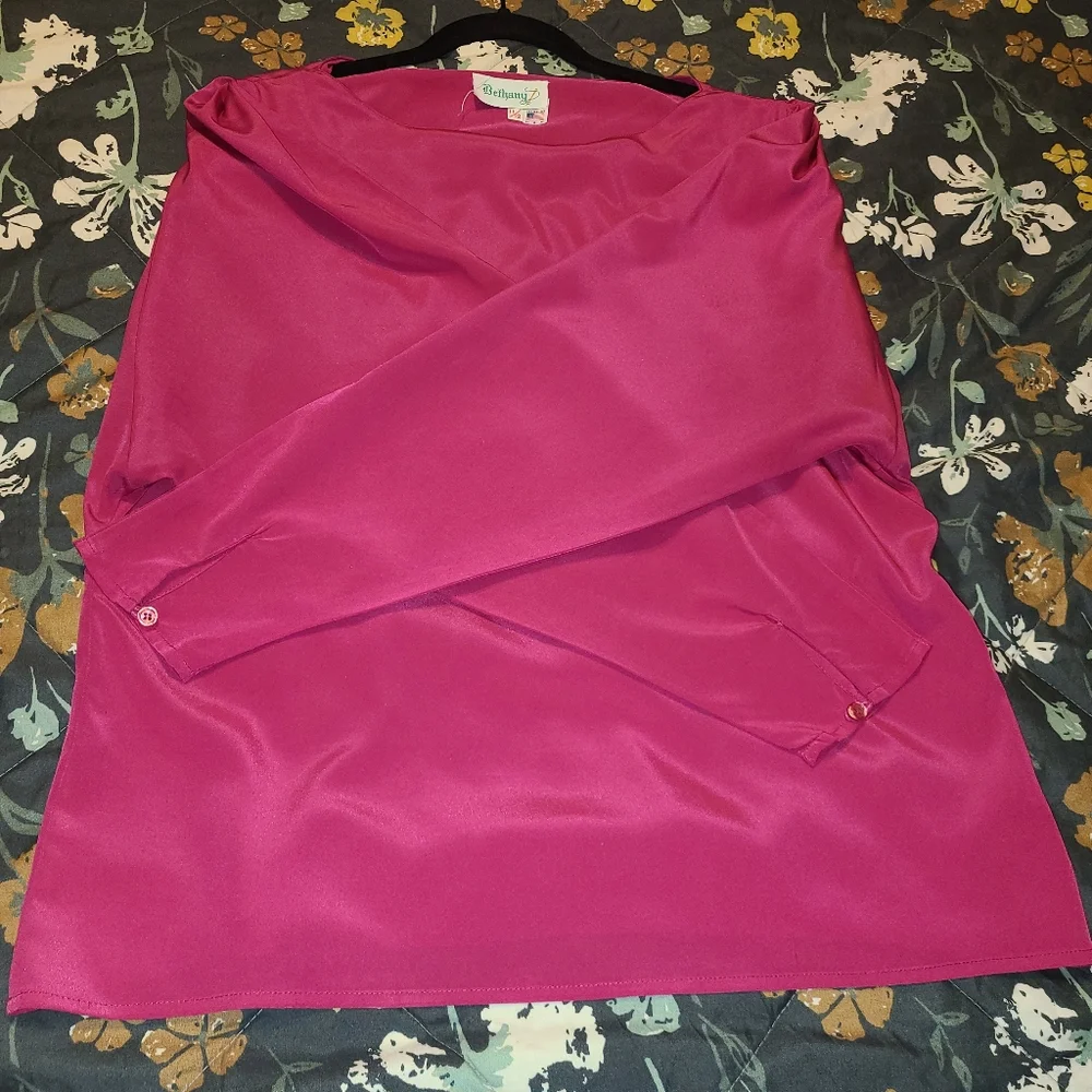 Bethany Vintage Blouse Bright Pink Silk Like Material Sz 11/12 - Picture 8 of 12